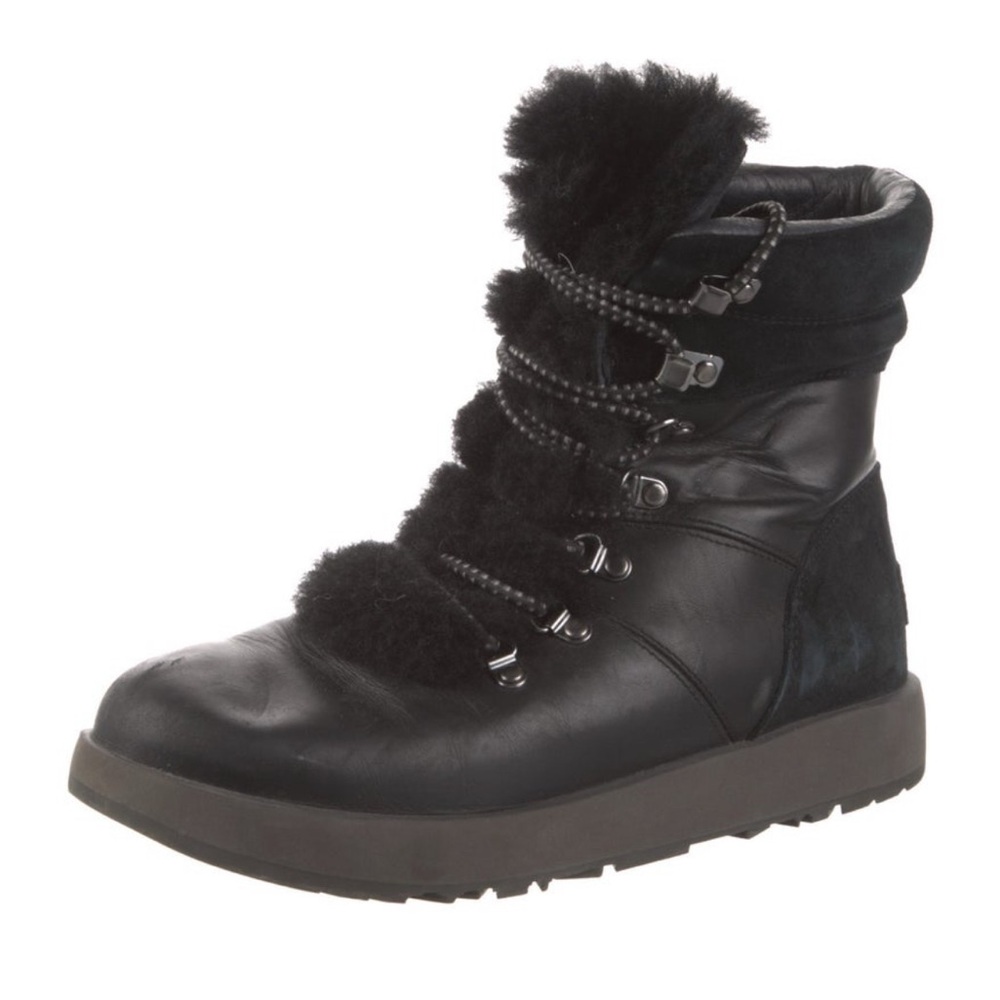 UGG Leather Faux Fur Trim Lace Up Boots